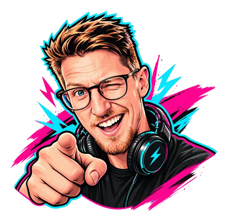 Illustrated sticker of Graham Cox winking, headphones on, pointing at you