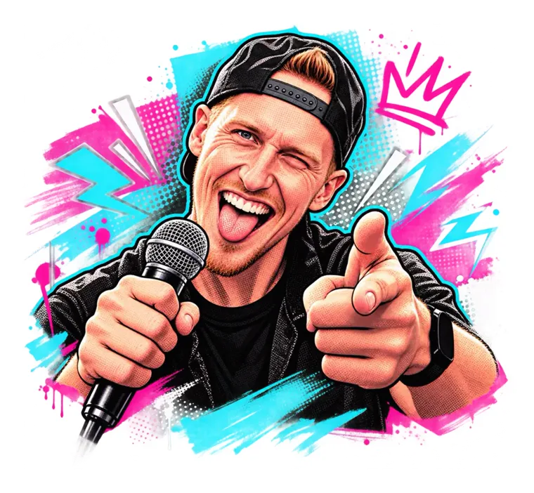 Illustrated sticker of Graham Cox with his tongue out, microphone in hand, pointing