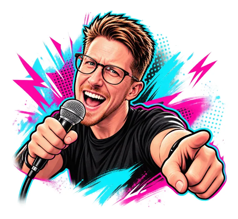 Illustrated sticker of Graham Cox shouting into a microphone and pointing